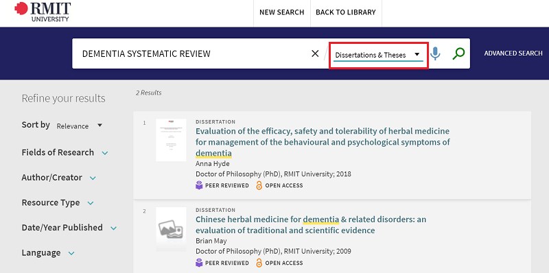 Screen capture of Research Repository results