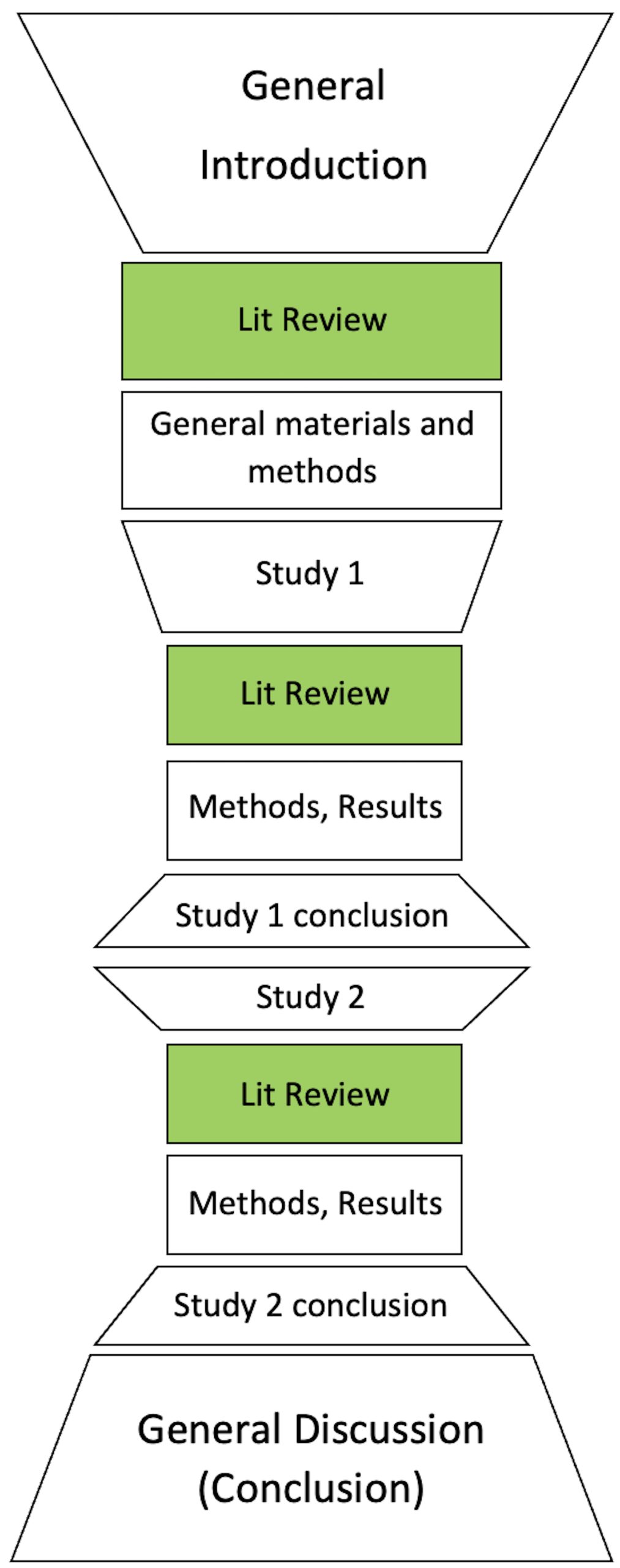 Graphic shows a complex IMRAD thesis structure, where there is a general literature review, and then a literature review belonging to each individual study within the thesis.