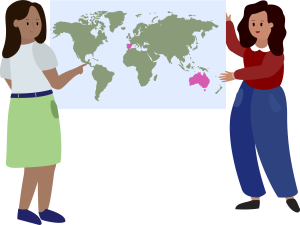 Glenda and Susana on each side of a world map. All countries appear in green apart from three that stand out in a pink colour: Salvador, Spain and Australia. Glenda is pointing at Salvador.