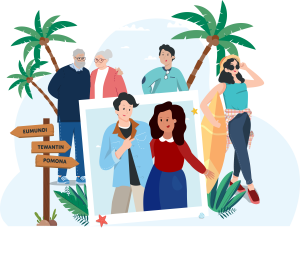 Decorative image of friends and family on holiday in tropical location.