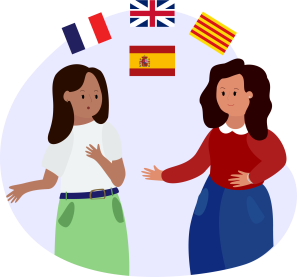 Susana and Glanda chatting. Above them a French, British, Catalan and Spanish flags represent the language they each speak. Transcript below image 3.