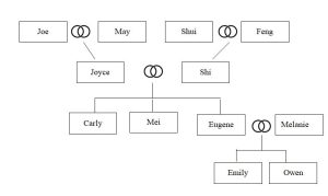 A figure representing Mei's fmaily tree. As described by Mei in above text.