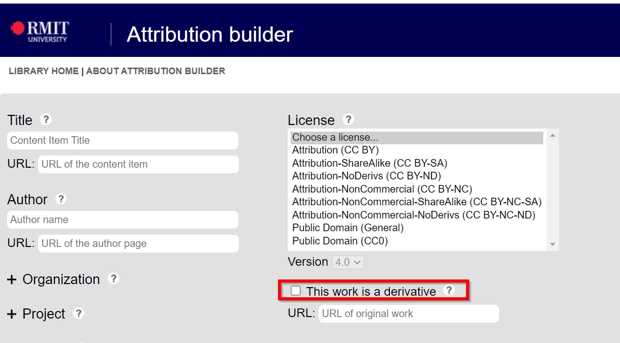 RMIT attribution builder screenshot. "This work is a derivative" tickbox in the bottom right corner.