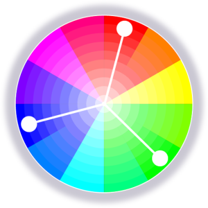 Diagram of a colour wheel with three lines indicating triadic colour relationships