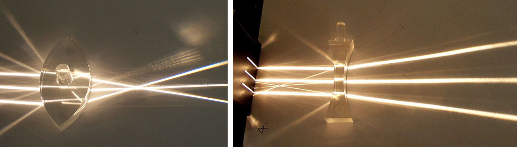 examples of simple convex and concave lenses with three light beams passing through them. the convex lens focuses the light, the concave lens disperses the light.