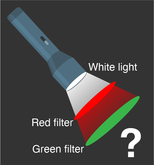 Torch with white light and red and green filters