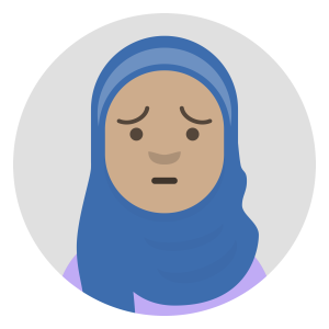 Afra, a young woman wearing hijab, looks worried.
