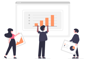 Three people collaborating to analyse data sets