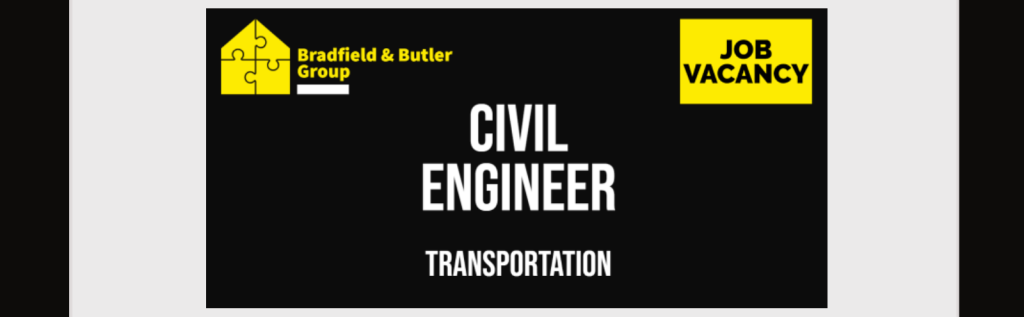 Second banner on the tablet says "Bradfield & Butler Group. Job Vacancy: Civil Engineer - Transportation".