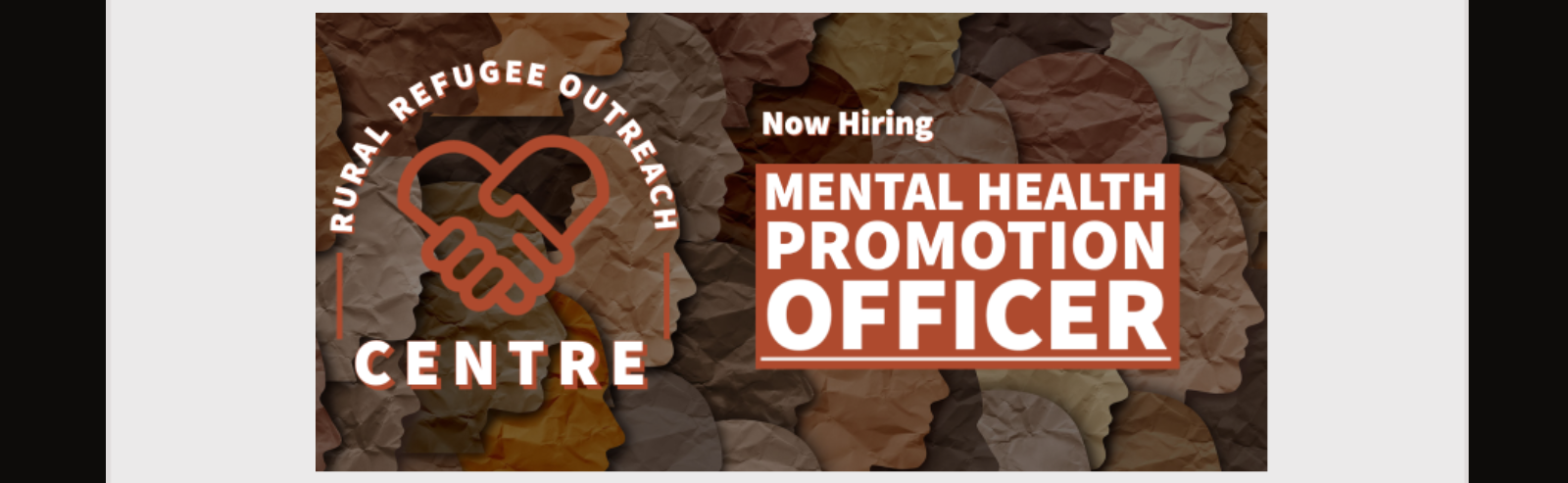 Last banner reads "Rural Refugee Outreach Centre. Now Hiring: Mental Health Promotion Officer"