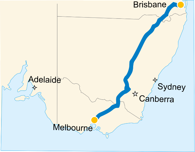 Map of the south-east states of Australia. A line drawn on the map indicates the location of the Inland Rail tracks, running north-east out of Melbourne, passing by Canberra and Sydney and arriving in Brisbane.