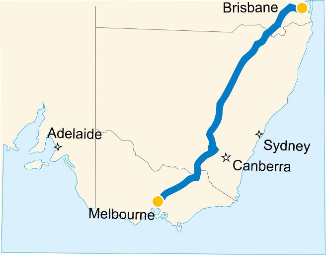  Map of the south-east states of Australia. A line drawn on the map indicates the location of the Inland Rail tracks, running north-east out of Melbourne, passing by Canberra and Sydney and arriving in Brisbane. 