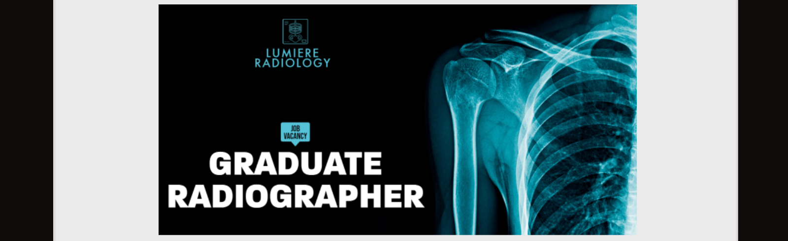 First banner on the tablet says "Lumiere radiology. Job vacancy: graduate radiographer".