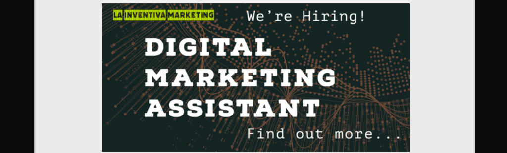A banner within the tablet screen with the text "La Inventiva Marketing - We're Hiring! Digital Marketing Assistant"
