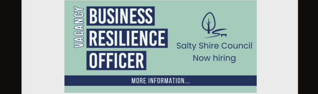 A banner within the tablet screen with the text "Vacancy: Business Resilience Officer. Salty Shire Council now hiring"