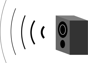 Speaker with curved lines indicating sound radiating from the front. The lines are small and thick close to the front of the speaker and become long and thin as they move away.