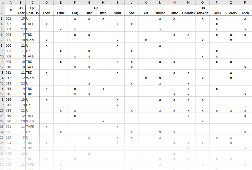 Cara's survey results spreadsheet