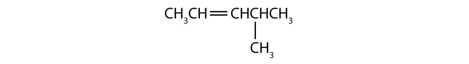 Structural formula with a parent chain of 5 carbons, a double bond between carbons 2 and 3 and a 1-carbon branch at carbon 4.