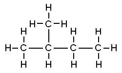 A set of letters connected by lines, including five C and twelve H letters. The second C from the left is connected to 3 Cs, while all others connect to either 2 or 1 C. While the total number of Cs and Hs is identical to the paired structure, the connectivity here is different.