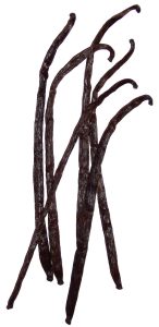 Long, black, dry, fermented vanilla beans.