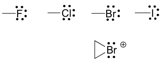 The halogens F, Cl, Br, and I are shown with 3 lone pairs and one bond. This arrangement results in a neutral charge. Bromine is also shown with two lone pairs and 2 bonds, an arrangement which occurs occasionally and results in a positive charge on the atom.