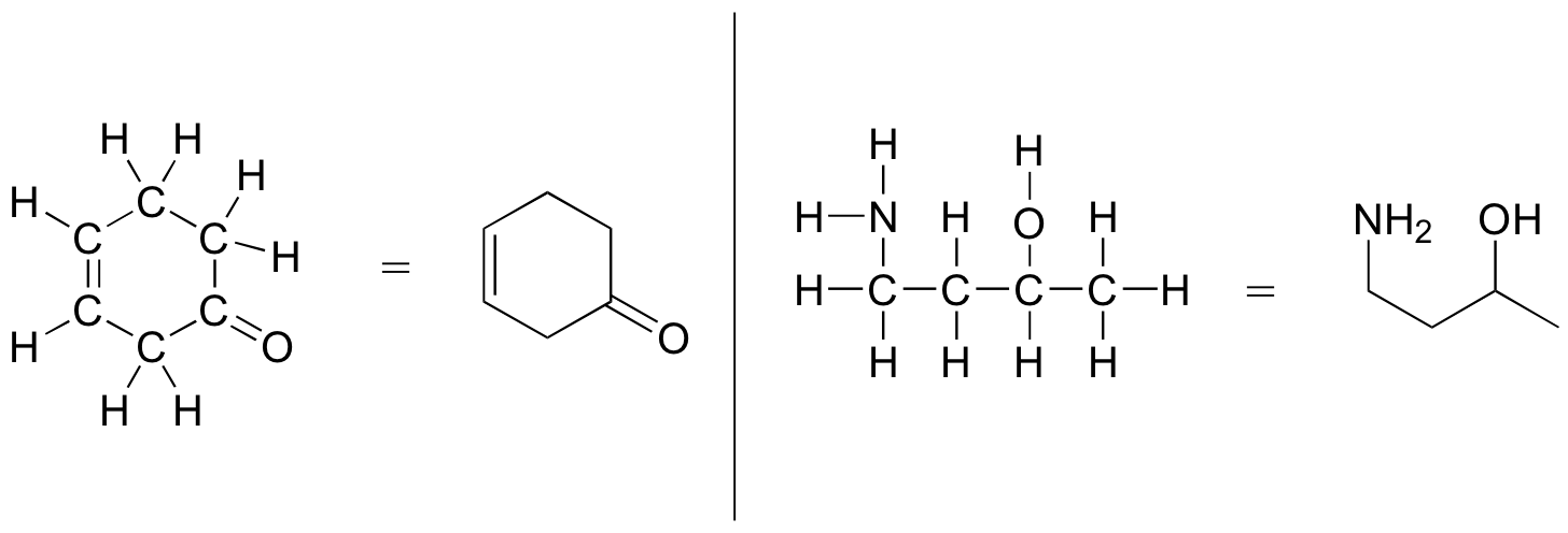 Structural formulas are converted to line-bond structures for 2 examples. The first is a 6 carbon cyclic structure with one double bond in the ring and a double bond to oxygen in one position. The second is a 4 carbon straight chain of carbons with an amine group attached at carbon 1 and an OH group attached at carbon 3. In each example the symbols for carbon and hydrogen are removed to make the line-bond structure, leaving the bonding arrangements drawn as lines with other atoms such as O and N still explicitly shown.