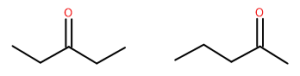 2 molecules. First is a chain of 5 carbons with double bond to oxygen at carbon 3. Second is a chain of 5 carbons with a double bond to oxygen at carbon 2.