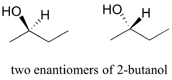 2 line-bond structures of 2-butanol are shown as 3D structures. In each the parent chain lies in the plane of the paper. The structure on the left shows OH in front of the plane, and the H behind the plane. In the structure on the right these two groups are switched: the H is on the bond in front of the plane and the OH is behind the plane.