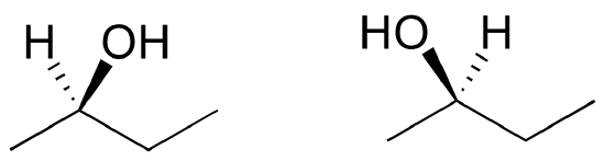 2 line bond structures are shown. Each has a 4-carbon parent chain drawn as a horizontal zigzag line in the plane of the paper. The first has an OH in front of the plane and slightly to the right, and an H drawn behind the plane and slightly left, both at carbon 2. The second has an OH group drawn in front of the plane and slightly left, and H drawn behind the plane and slightly right, both at carbon 2.