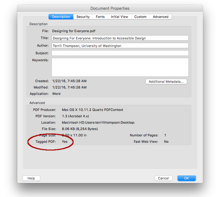 Document properties of a PDF with Tagged PDF option given an answer of yes.