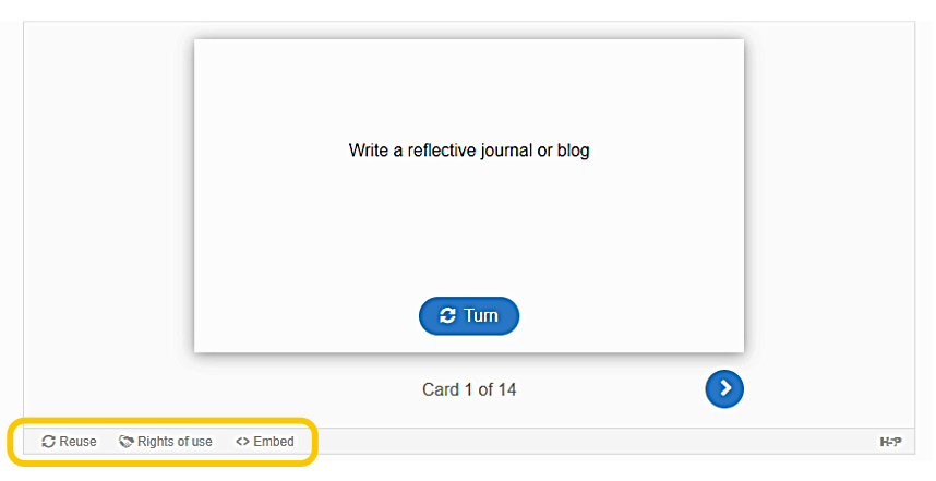 Screenshot of an H5P interactive object with a yellow circle highlighting the Reuse, Rights of use, and Embed options, which are in the bottom right-hand corner of the object. 