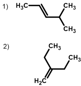 First structure is a five carbon chain with a double bond at the first carbon and methyl group attached to the fourth carbon. Second structure is a 4 carbon straight chain with a double bond at the first carbon and a ethyl group attached to the second carbon.