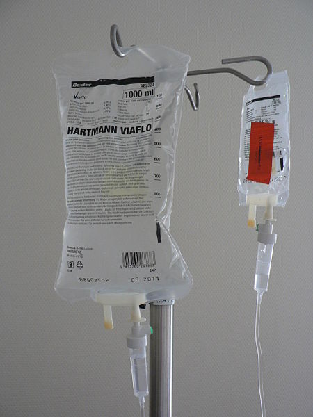 An IV bag attached to a drip system.