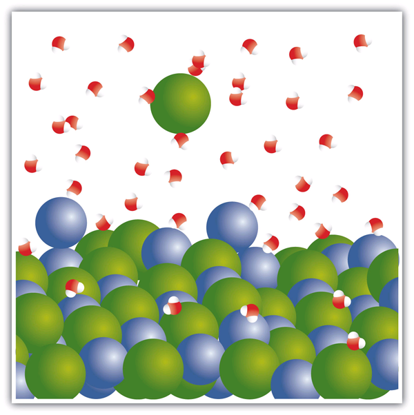 Water molecules and ions are present in a confined space. Red or green balls denote ions, and red and white v-shaped models denote water molecules. A few white-red models surround one green ball in the top part of the space, while the rest are placed at the bottom. This image shows that water molecules separate ions when dissolved in water.