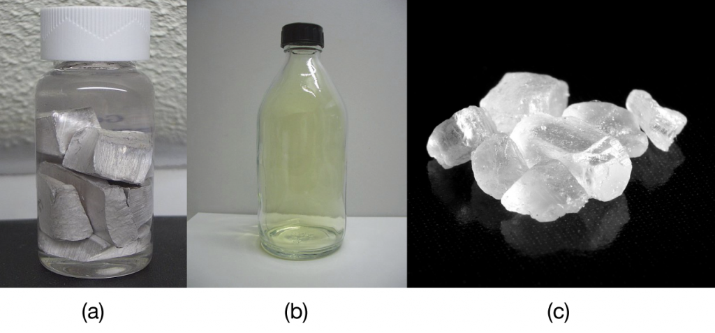 Three-part image showing common sodium compounds in different states: the first features metallic sodium chunks in a transparent jar with a white lid, the second displays a clear bottle containing yellowish chlorine gas, and the third shows a pile of sodium chloride crystals against a black background.