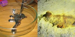 Liquid mercury in a Petri dish; powdered yellow sulfur at the opening of a volcano.