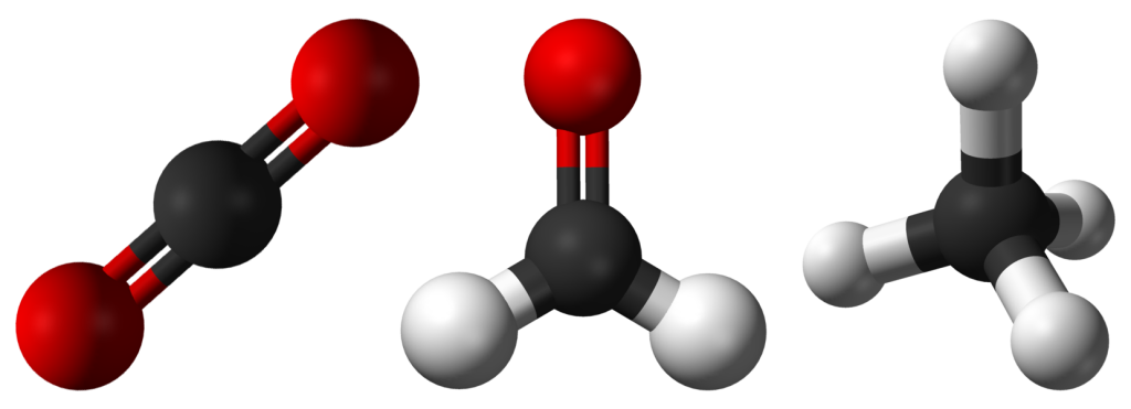 Ball and stick molecular models. Carbon dioxide, on the left, has a linear structure, a central carbon with two oxygen atoms; in the middle, formaldehyde has a trigonal planar structure, a central carbon with two hydrogen atoms and one oxygen atom; and methane with a tetrahedral shape, a central carbon with four surrounding hydrogen atoms.