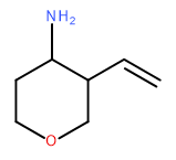 A 6-membered ring composed of 5 carbons and 1 oxygen. Opposite on the ring from the oxygen is a NH2 substituent group. Placed adjacent on the ring to this is another group, composed of 2 carbons with a double bond between them.