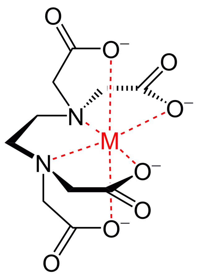 A structural chemical diagram of EDTA, ethylenediaminetetraacetic acid, forming a complex with a central metal ion bonded to six different atoms drawn as dashed lines. The molecule is complex in its structure in a somewhat octahedral shape.
