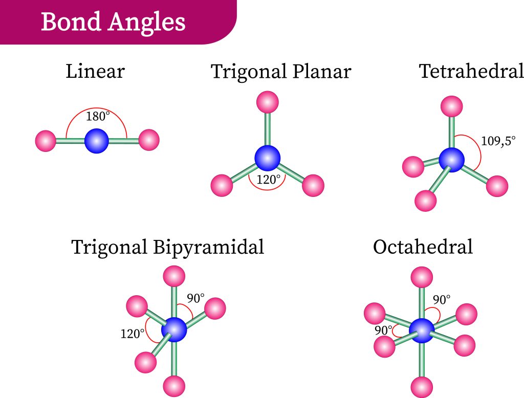 5 molecules represented by a central blue atom with pink electron dense regions. 2 electron dense regions give a linear structure. 3 electron dense regions give a trigonal planar structure. 4 electron dense regions give a tetrahedral structure. 5 electron dense regions gives a trigonal bipyramidal structure. 6 electron dense regions give a octahedral structure.