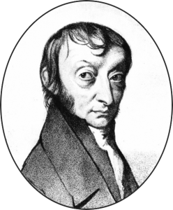 A black and white old looking sketch depicting Amedeo Avogadro.