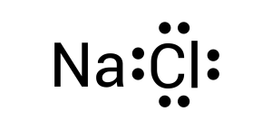 Lewis dot diagram of sodium and chlorine. Sodium and chlorine share two electrons in the middle of each symbol, and chlorine now has a full valence shell.