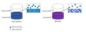 In a pure solvent, solvent molecules are arranged at the liquid vapour interface. Some solvent molecules are already in the vapour phase. In a solution composed of dissolving a non-volatile solute, both solute and solvent molecules are arranged at the interface. These solute molecules reduce the probability of solvent molecules jumping to the vapour phase, which in turn reduces the vapour pressure compared to the pure solvent.
