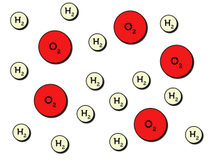 Oxygen and hydrogen molecules floating in space as dark red and white balls, respectively.