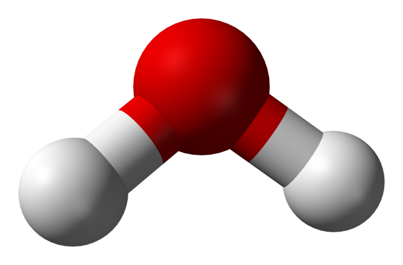 Ball and stick depiction of a molecule of water showing a 'bent' molecular shape: a larger red hydrogen is attached to two smaller white oxygens that are situated slightly lower. The bonds are angled downwards at 45 degrees.