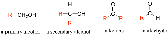 Example structures showing how the letter R can be used to signify any group on a structure. These include examples for a primary alcohol, secondary alcohol, ketone and aldehyde. For instance the primary alcohol is R-CH2OH. 