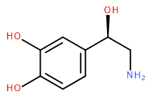 A chain of 2 carbons is connected at carbon 1 to a NH2 group, at carbon 2 to an OH group, and also to a substituted phenyl (benzene ring) group. These substituents on the phenyl group are 2 OH groups, adjacent one another with one positioned directly opposite the carbon chain. 