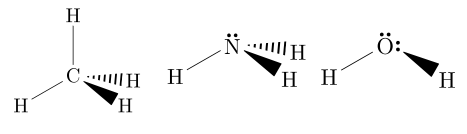 Three diagrams: methane, ammonia and water. <a href="https://rmit.pressbooks.pub/rmitchemistrybridgingcourse/chapter/3-6-predicting-molecular-shape-2/">Transcript</a>.