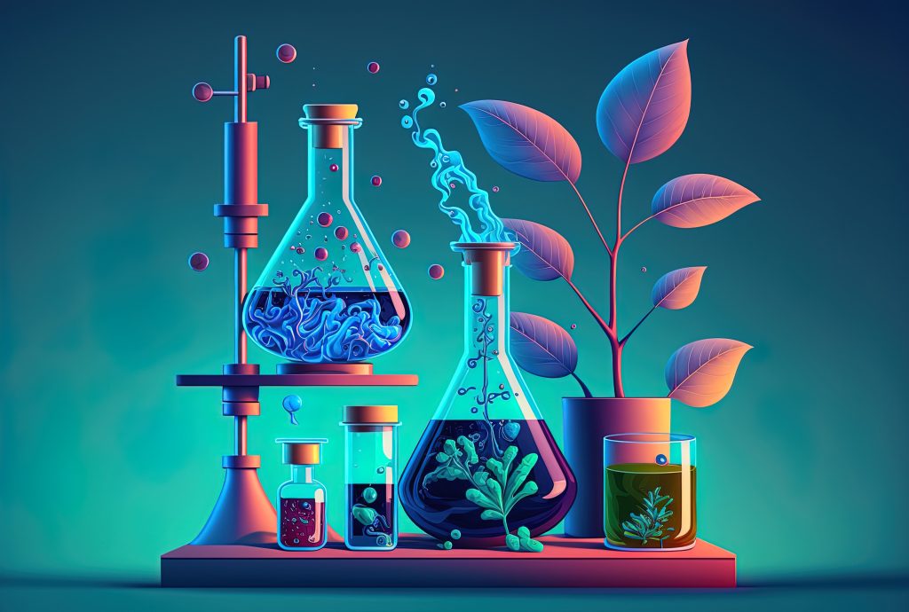 Blue backdrop with a fanciful chemistry lab setup on a table with colourful substances within. Glassware and biological apparatus.