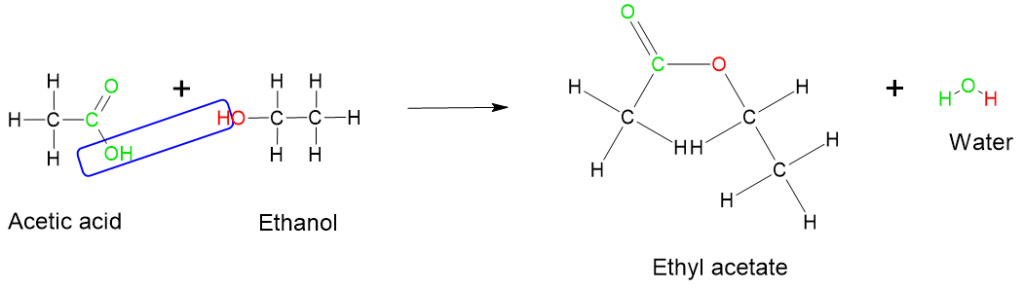 Hydroxyl group in acetic acid leaves with hydrogen atom in hydroxyl group in ethanol producing water and ethyl acetate.